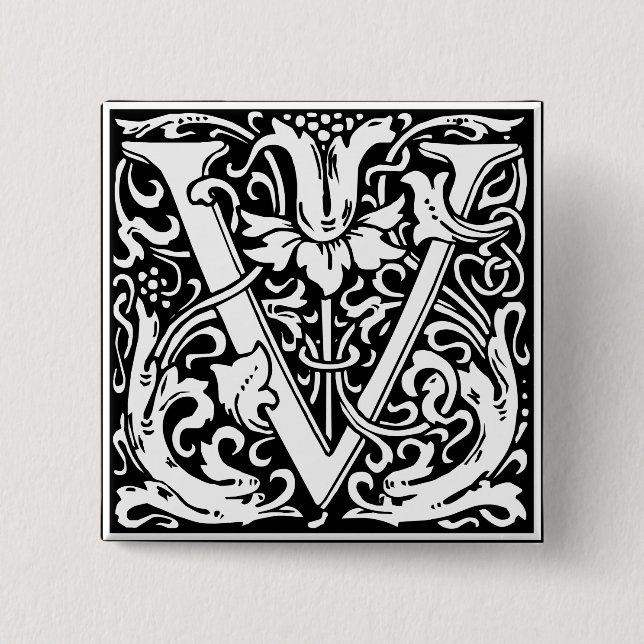 Buchstabe V Mittelalterliches Monogramm Jugendstil Button (Vorderseite)