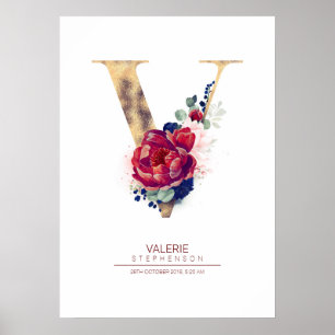 Buchstabe V Monogramm Floral Marineblau und Burgun Poster
