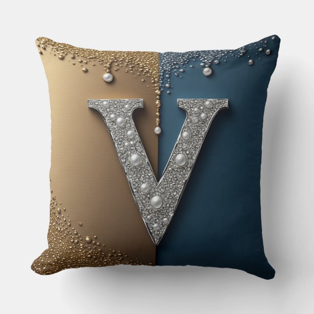 Buchstabe V Monogramm mit Diamanten Perlen Kissen (Vorderseite)
