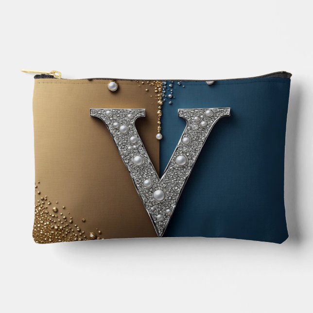 Buchstabe V Monogramm mit Diamanten Perlen Zubehörtasche (Vorderseite)