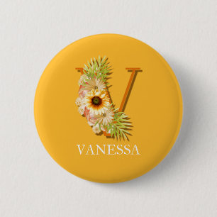 Buchstabe V Sonnenblume Florales Monogramm mit Nam Button