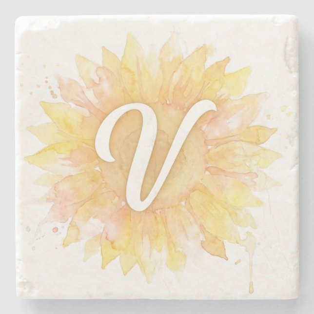 Buchstabe V Sonnenblume Vorname Monogramm Initiale Steinuntersetzer (Vorderseite)
