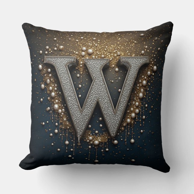 Buchstabe W Monogramm mit Diamanten Perlen Kissen (Vorderseite)