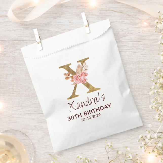 Buchstabe X Gold Monogramm Blush Rosa Rosen Geschenktütchen (Ausgeschnitten)