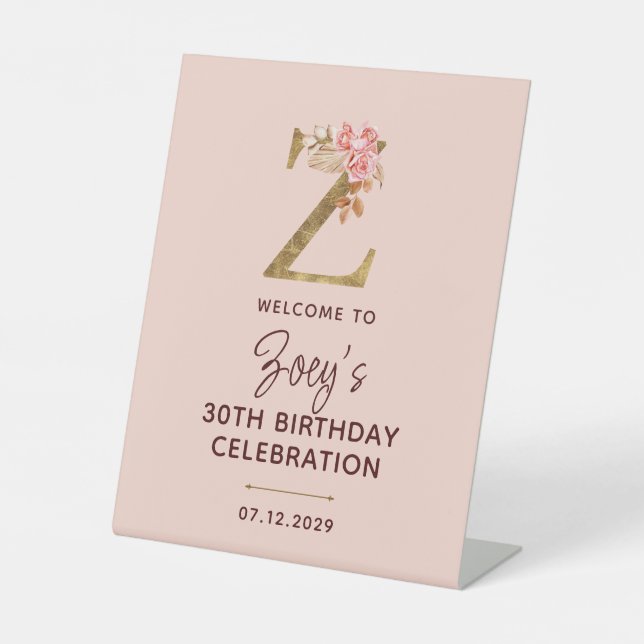 Buchstabe Z Gold Monogramm Blush Rosa Rosen Schild (Vorderseite)