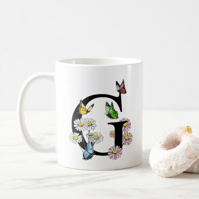 Buchstaben G Botanisches Farbenschmetterlingsmonog Kaffeetasse (Mit Donut)