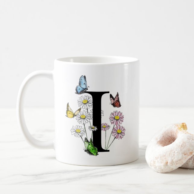 Buchstaben I Botanisches Farbenschmetterlingsmonog Kaffeetasse (Mit Donut)