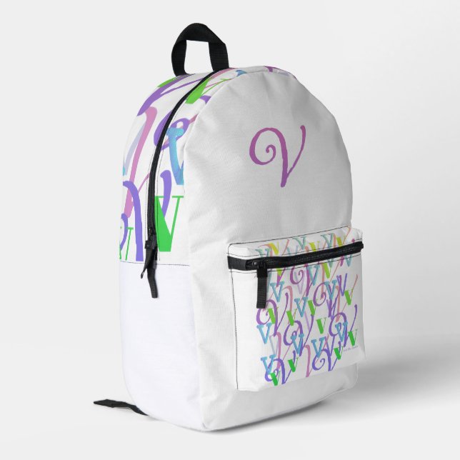 Buchstabenkonfetti "V" Bedruckter Rucksack (Rückseitige Ecke links)