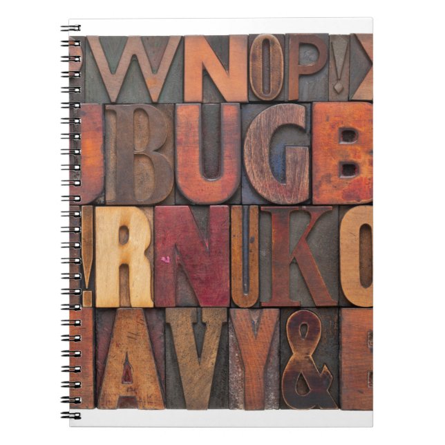 Buchstabenzufall - Vintages Buchstabenholz Notizblock (Vorderseite)