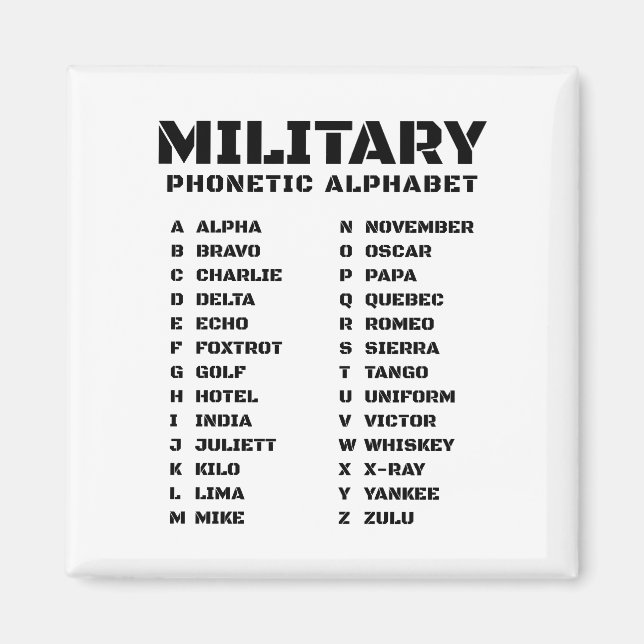 Buchstabiertafel für das Militär Magnet (Vorne)