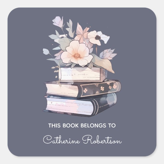 Buchstapel Dieses Buch gehört zum Buchzeichen Name Quadratischer Aufkleber (Vorderseite)