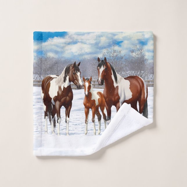 Bucht Pinto Paint Horns im Winter Schnee Badhandtuch Set (Waschlappen)