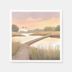 Bucht-Promenade Luftige Küsten-Aquarellmalerei Serviette