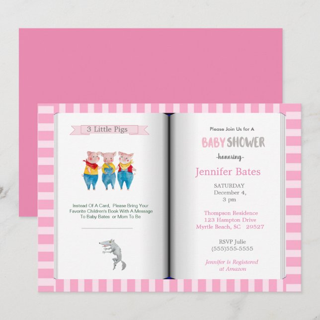 Buchthema Drei kleine Schweine Pink Baby Dusche Einladung (Vorne/Hinten)
