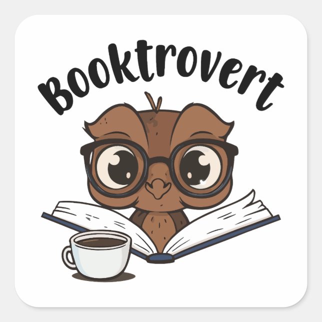 Buchtroverte Eule mit Buch und Kaffee Quadratischer Aufkleber (Vorderseite)
