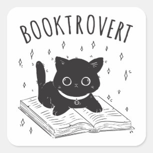 Buchtrovertekatze mit Buch und Sternen Quadratischer Aufkleber