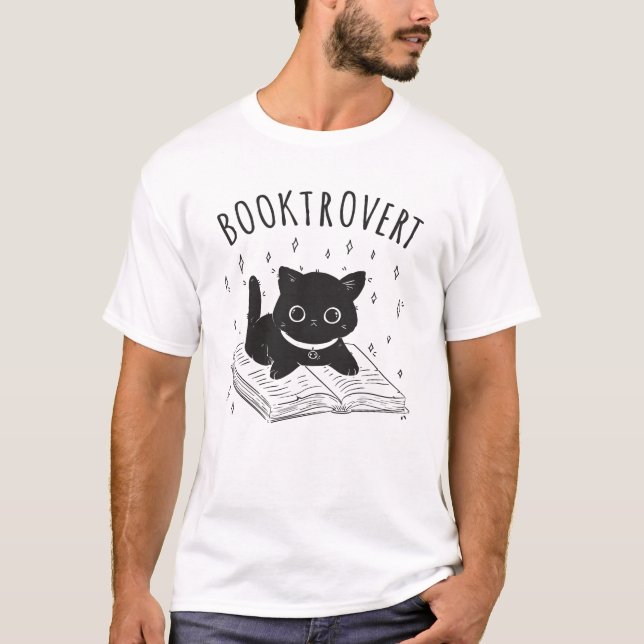 Buchtrovertekatze mit Buch und Sternen T-Shirt (Vorderseite)