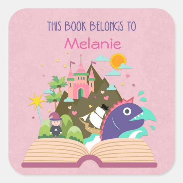 Buchzeichen aus Märchen, rosa Quadratischer Aufkleber (Vorderseite)
