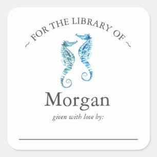 Buchzeichen für Aquarellblau-Seepferde Quadratischer Aufkleber