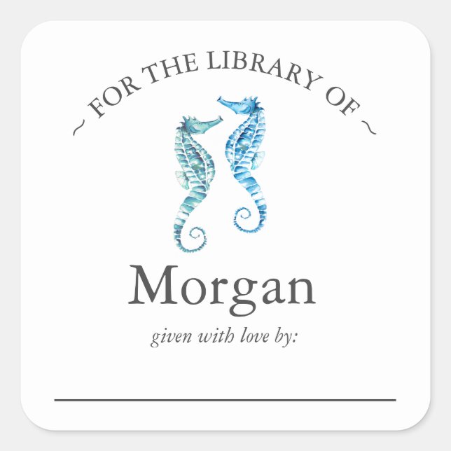 Buchzeichen für Aquarellblau-Seepferde Quadratischer Aufkleber (Vorderseite)