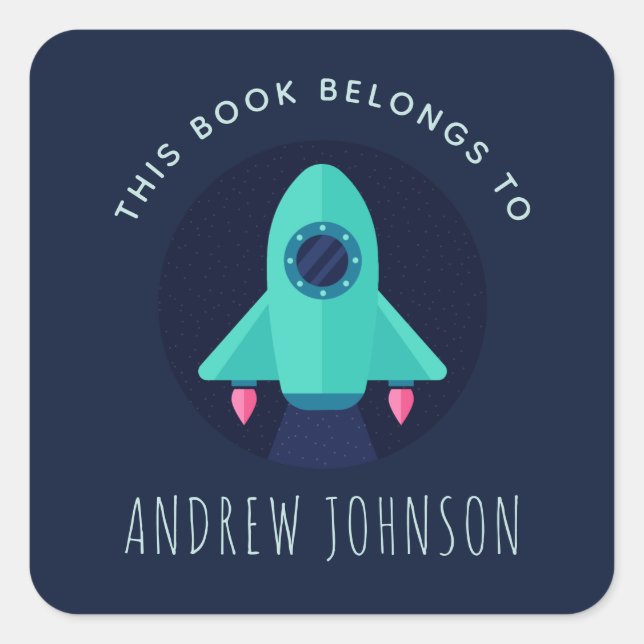 Buchzeichen "Green Rocket Space Theme Boys" Quadratischer Aufkleber (Vorderseite)