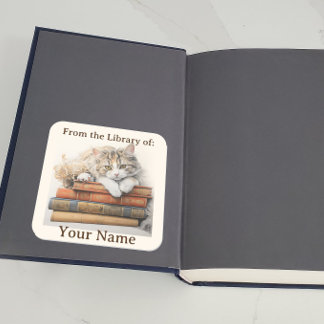 Buchzeichen mit Cat Relaxing on Books Quadratischer Aufkleber