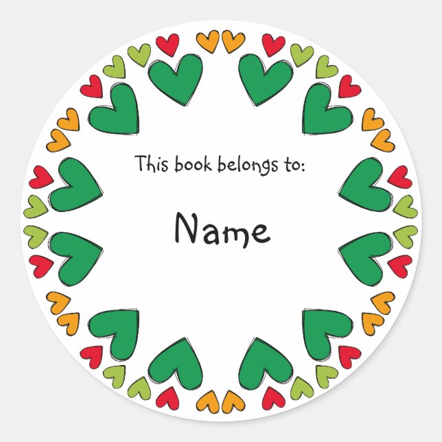 Buchzeichen mit niedlicher, grüner und roter Herzg Runder Aufkleber (Vorderseite)