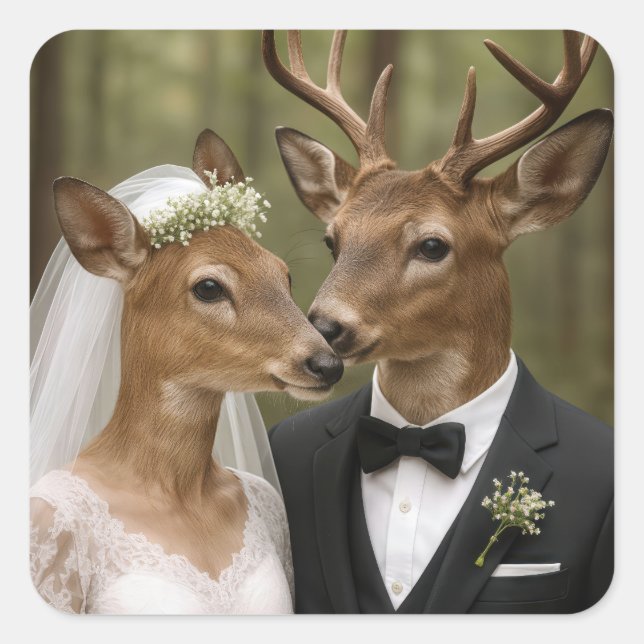 Buck and Doe Deer Wedding In Forest Quadratischer Aufkleber (Vorderseite)