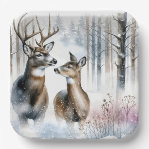 Buck and Doe in Winterwald Pappteller