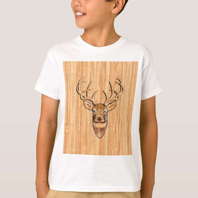 Buck Deer Head Holz Grain Style T-Shirt (Vorderseite)