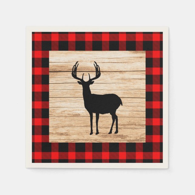 Buck Deer Silhouette Buffalo Kariert Wood Serviette (Vorderseite)