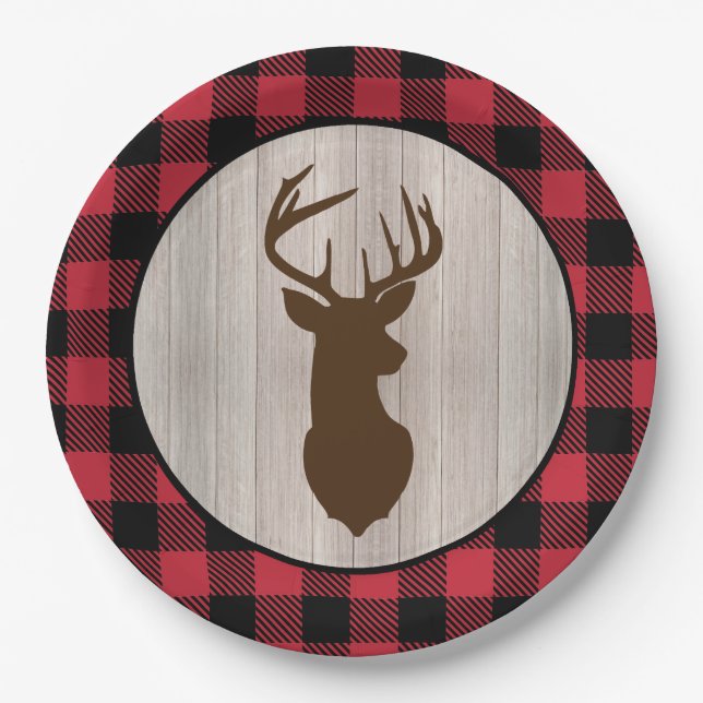 Buck Deer Silhouette Lumberjack Buffalo Kariert Pappteller (Vorderseite)