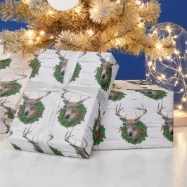 Buck Deh in Weihnachtskranz auf Birch Geschenkpapier