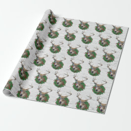 Buck Deh in Weihnachtskranz auf Birch Geschenkpapier