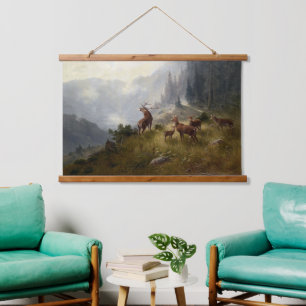 Buck & Doe Deer Herde im Wald Landschaft Kunst Wandteppich Mit Holzrahmen
