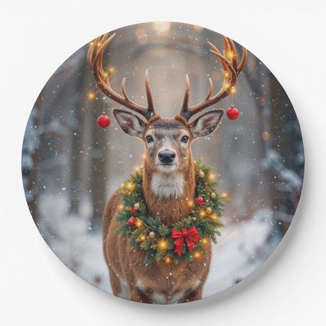 Buck In Snowflakes Wearing a Holiday Wreath Pappteller (Vorderseite)