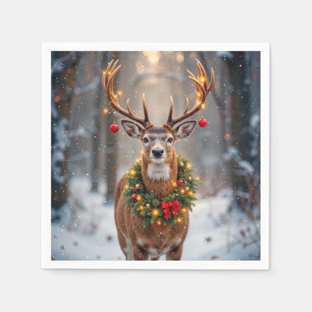 Buck In Snowflakes Wearing a Holiday Wreath Serviette (Vorderseite)