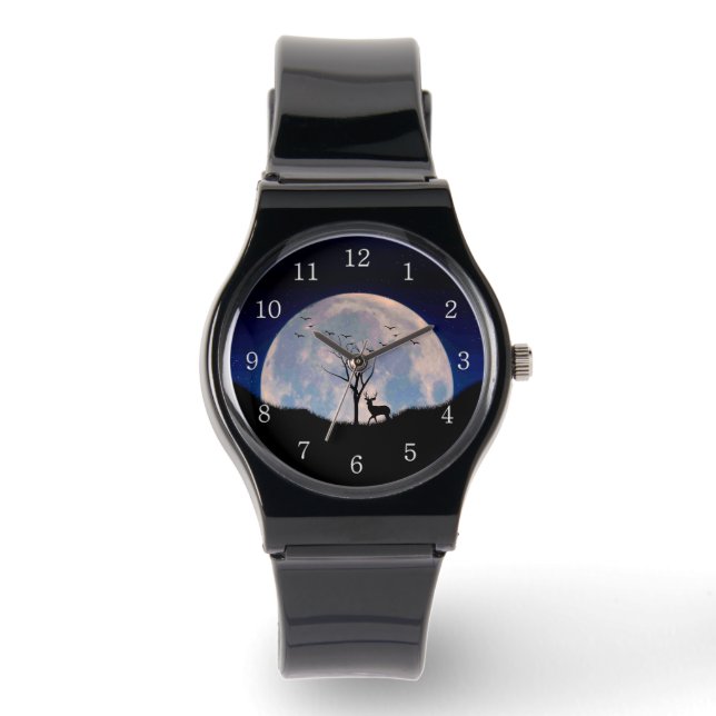 Buck with Big Rack Against Full Moon White Numbers Armbanduhr (Vorderseite)