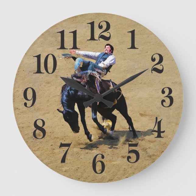 Bucking Bareback Bronco und Rodeo Cowboy Clock Große Wanduhr (Vorderseite)