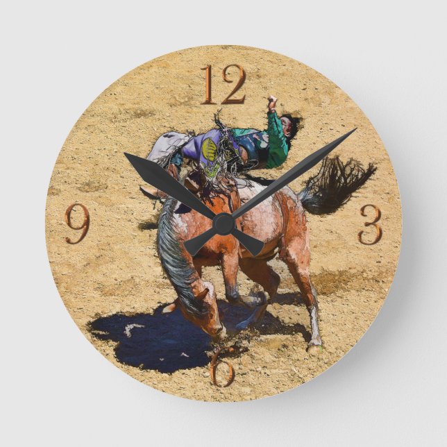 Bucking Bareback Bronco und Rodeo Cowboy Clock Runde Wanduhr (Vorderseite)