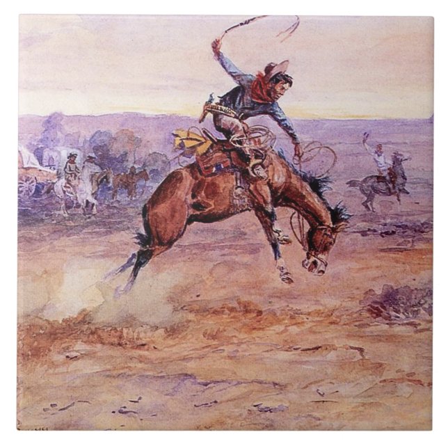 "Bucking Bronco" Cowboy Art von Charles Russell Fliese (Vorderseite)