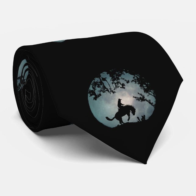 Bucking Horse, Cowboy und Moon Neck Tie Krawatte (Gerollt)