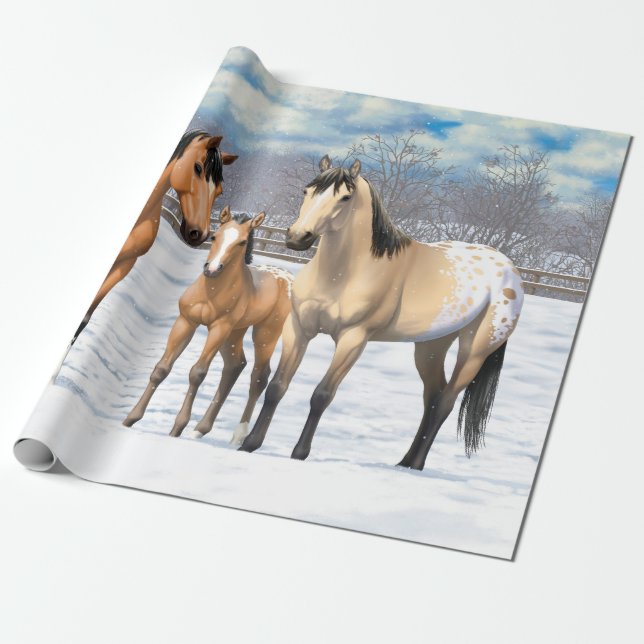 Buckskin Appaloosa Pferde im Schnee Geschenkpapier (Ungerollt)