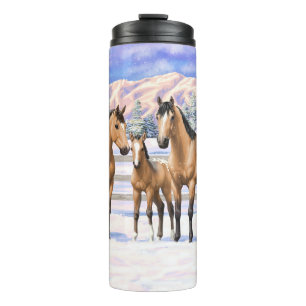 Buckskin Appaloosa Pferde im Schnee Thermosbecher