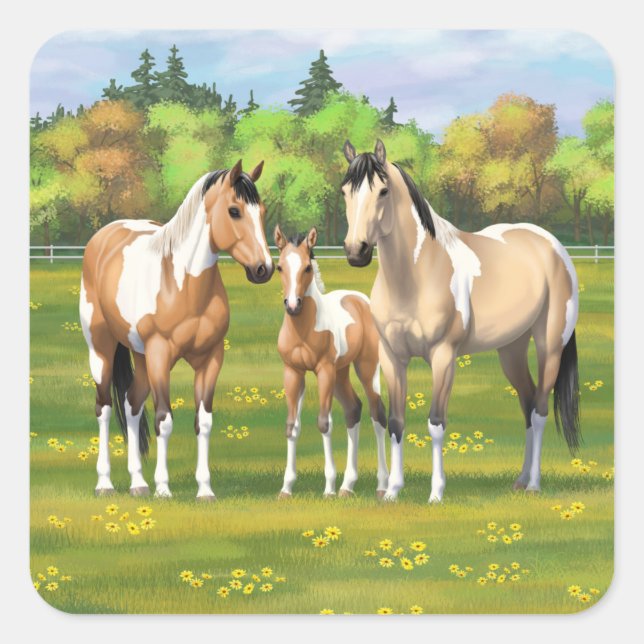 Buckskin Dun Pinto Paint Horses In Summer Pasta Quadratischer Aufkleber (Vorderseite)