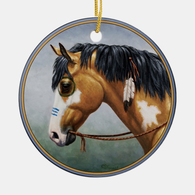 Buckskin Pinto Indianerpferd Keramik Ornament (Vorne)
