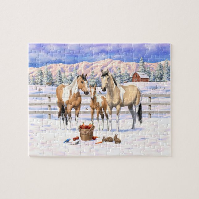 Buckskin Pinto Paint Quarter Pferde im Schnee Puzzle (Horizontal)