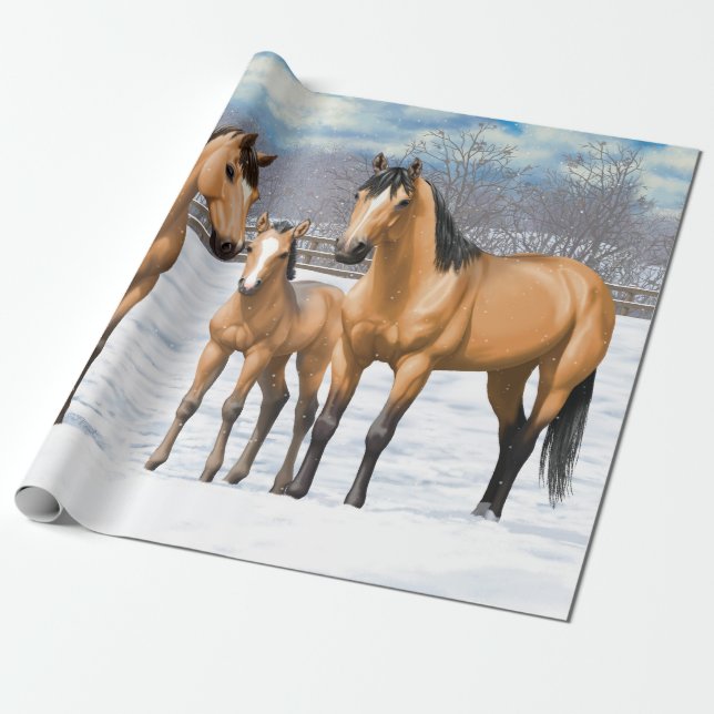 Buckskin Quarter Pferde im Schnee Geschenkpapier (Ungerollt)
