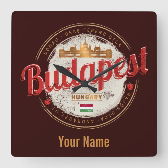 Budapest Design Ungarn Vintages Parlament Quadratische Wanduhr (Vorderseite)