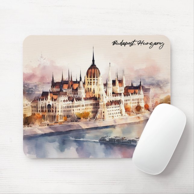 Budapest Hungary Watercolor Painting Panorama View Mousepad (Mit Mouse)
